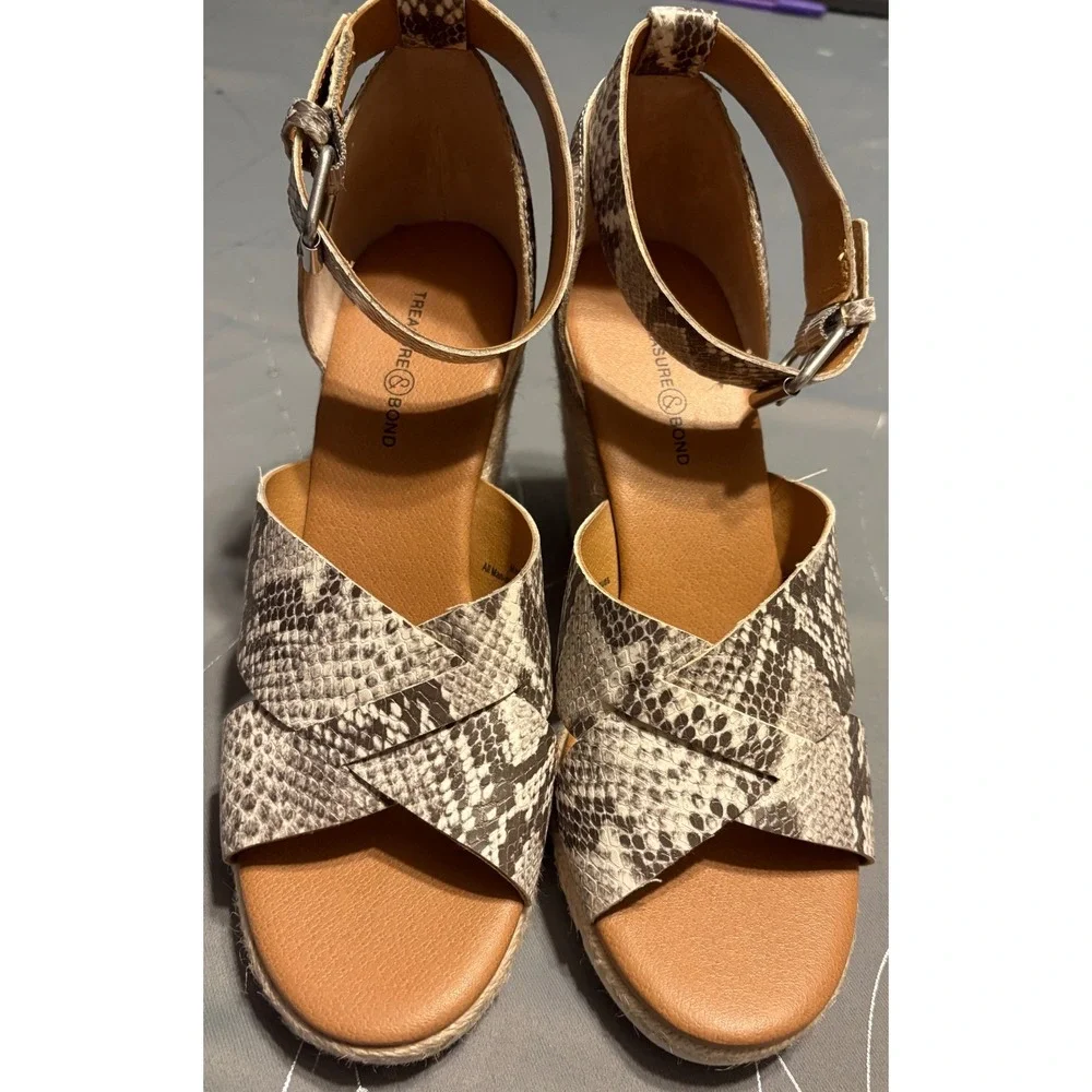 Treasure & Bond Sannibel Snakeskin Espadrille Wedge Sandals Grey White Size 7M
